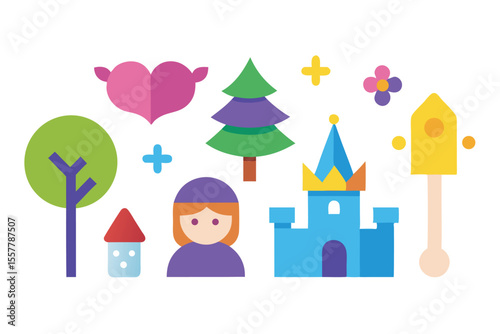 A charming cartoon fairy tale castle with a princess, featuring a whimsical roof design and inviting windows, nestled in a vibrant village illustration under a warm sun