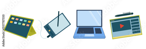 Flat illustrations of various electronic gadgets and digital devices. Electronic Devices Hardware Set