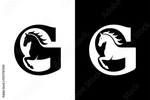 Horse Head and Letter G Logo in Black and White . G Icon on White Background Vector Art Illustration on white background.