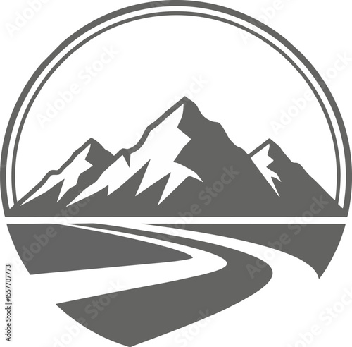 Scenic mountain vista with a winding road creates a simple yet bold graphic for outdoor adventure branding.
