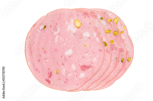 Slices Of Traditional Italian antipasti mortadella Bolognese isolated on white background. top view
