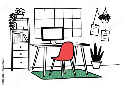 Modern home office workspace with red chair, green rug and computer monitor setup