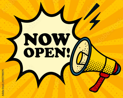 Now open speech bubble. Megaphone, lightning, speech burst, sound lines, pop art style, loudspeaker, public speaking, yellow background, expression, voice, alert, broadcast