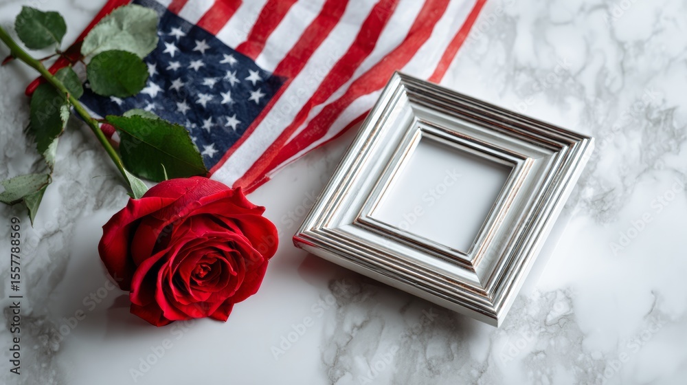 Obraz premium Concept of U.S. Independence day the fourth of July or Memorial day online sale celebration. National flag and red rose over marble table background.
