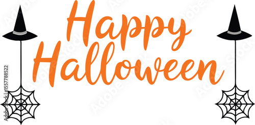 Happy Halloween Typography with Witch Hat, Bat, and Pumpkin Spider Icon, Happy Halloween Text Design with Bat, Hat, and Web Icons.