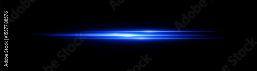Blue glowing light streak. Horizontal neon beam with smooth glow and layered flow on black background, fitting tech, motion or speed themes.