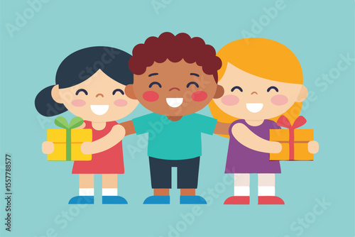 Happy cartoon family illustration with mother, father, boy, and daughter smiling in the park