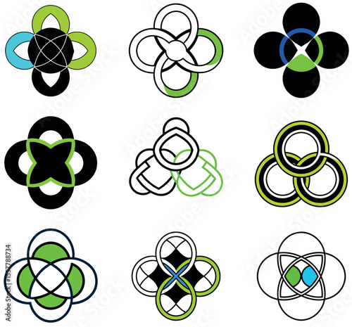 Abstract vector logo design: nine modern interconnected circular icons
