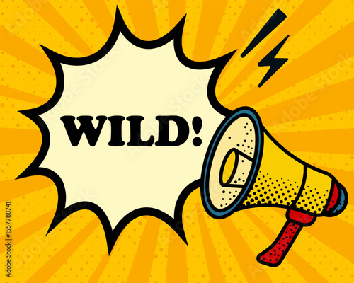 Wild speech bubble. Megaphone, lightning, speech burst, sound lines, pop art style, loudspeaker, public speaking, yellow background, expression, voice, alert, broadcast