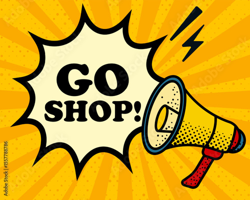 Go shop speech bubble. Megaphone, lightning, speech burst, sound lines, pop art style, loudspeaker, public speaking, yellow background, expression, voice, alert, broadcast