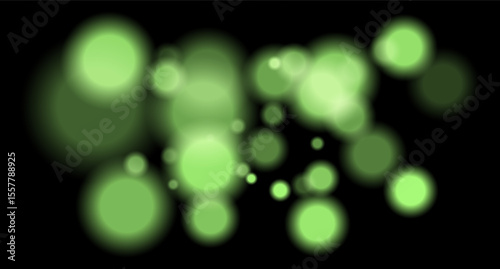 Large soft green bokeh circles with glow on black background, creating a dreamy abstract field. Suitable for festive, sci-fi or digital designs.