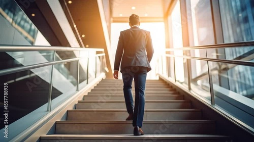 Aspirations Ascending: Businessman Climbing Stairs Towards Sunlight and Urban Success