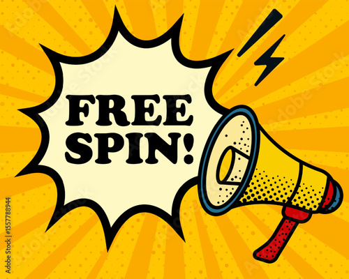 Free spin speech bubble. Megaphone, lightning, speech burst, sound lines, pop art style, loudspeaker, public speaking, yellow background, expression, voice, alert, broadcast
