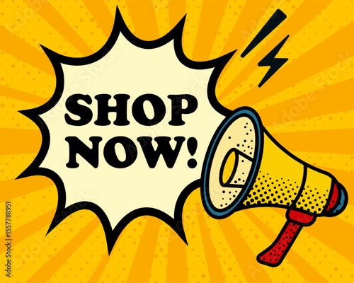 Shop now speech bubble. Megaphone, lightning, speech burst, sound lines, pop art style, loudspeaker, public speaking, yellow background, expression, voice, alert, broadcast