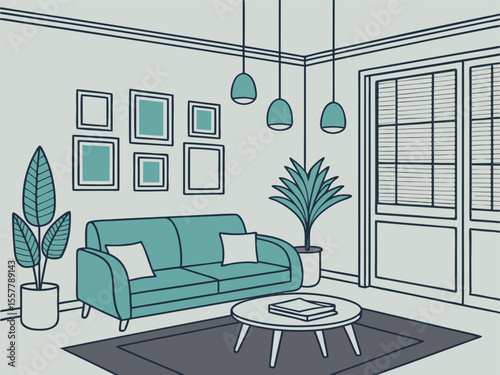 Modern living room interior with stylish teal sofa, wall art and plants