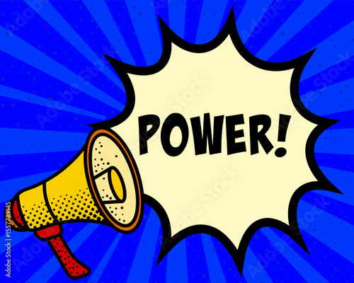 Power announcement speech bubble. Megaphone, speech burst, comic style, bright background, communication element, expression tool, voice projection, information sharing, pop art design.