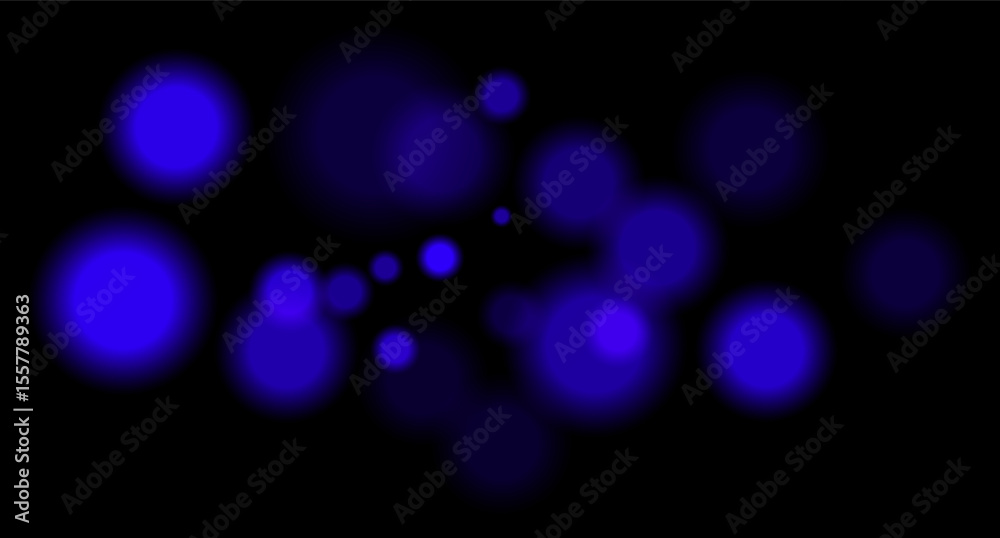 Blue blurred bokeh circles on black background with soft glow, imitating distant lights or defocused highlights in low-light environment.