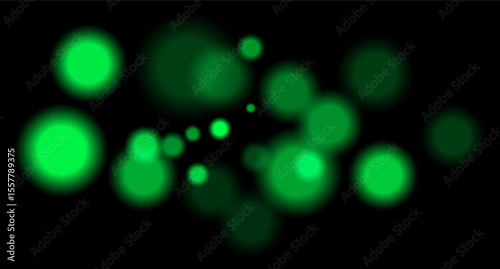 Green blurred bokeh circles on black background with soft glow, imitating distant lights or defocused highlights in low-light environment.