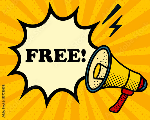 Free speech bubble. Megaphone, lightning, speech burst, sound lines, pop art style, loudspeaker, public speaking, yellow background, expression, voice, alert, broadcast