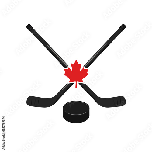 Crossed hockey sticks and a puck with a maple leaf