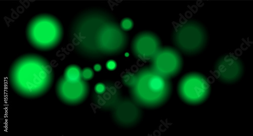 Green blurred bokeh circles on black background with soft glow, imitating distant lights or defocused highlights in low-light environment.