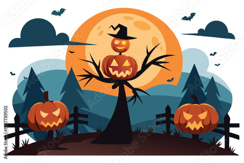 Halloween Night with Pumpkin Scarecrow, Full Moon, Bats, and Fence Illustration