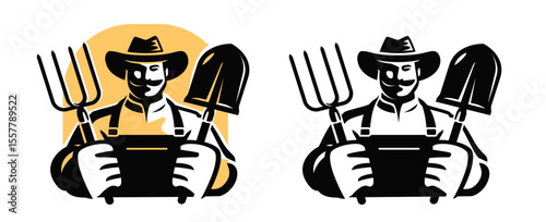 Farmer with shovel and pitchfork. Farm worker in hat. Emblem symbol for packaging or label