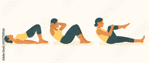 Fitness workout icon. Woman doing glute bridge, crunch, and knee-to-chest on mat. Strengthening core, abs, back, and hips for home or gym training.