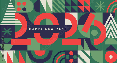 Geometric modern banner for 2026 New Year.Greeting poster with numbers on minimalistic background with simple geometry shapes.Template for flyer,web, cover,calendar,web,print.Vector illustration