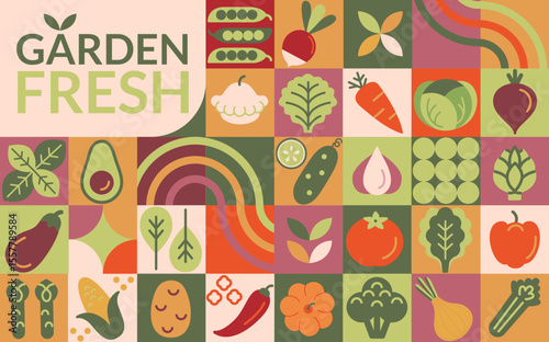Healthy organic vegetables. Geometric background with vegetable from garden in simple flat style-carrot,onion, potato,corn,broccoli, avocado,tomato, pepper, cucumber, basil.Fresh natural food.Vector