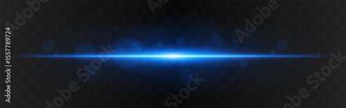 Light burst. Blue horizontal glow with radial flare and soft particles on dark transparent background, suitable for tech or sci-fi visuals.