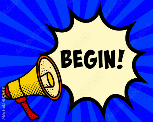 Begin announcement speech bubble. Megaphone, speech burst, comic style, bright background, communication element, expression tool, voice projection, information sharing, pop art design.