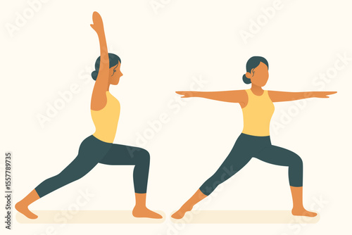 Woman practicing lunge and tree poses to improve balance, leg strength, and core control using yoga and pilates techniques