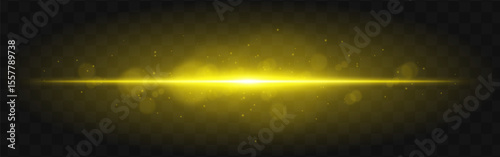 Golden light burst. Bright horizontal beam with glowing particles and soft flare effect over dark grid background, suitable for sci-fi or tech visuals.