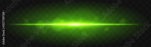 Green light burst. Bright horizontal beam with glowing particles and soft flare effect over dark grid background, suitable for sci-fi or tech visuals.