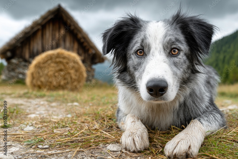 Fototapeta premium Border Collie Dog Lying on Ground Near Haystack