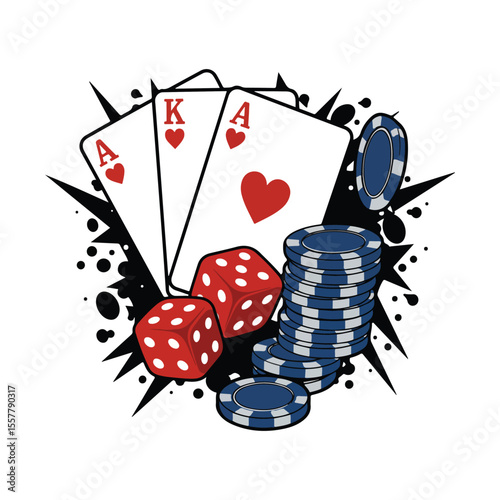 Casino game elements with playing cards dice and stack of chips