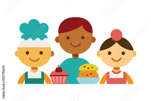 joyful icon set of kids baking cookies, cupcakes, and treats colorfull Vector illustration