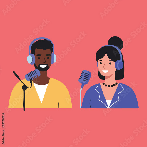 Podcast recording flat vector illustration featuring diverse man and woman hosts with microphones