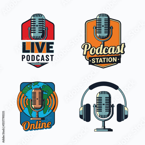 Podcast vector logo collection with retro microphone designs for branding and online communication