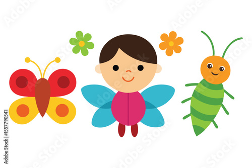 kids and bugs icon pack with colorful insects and creatures colorfull Vector illustration