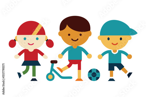 kids playing sports in icon style with football colorfull Vector illustration