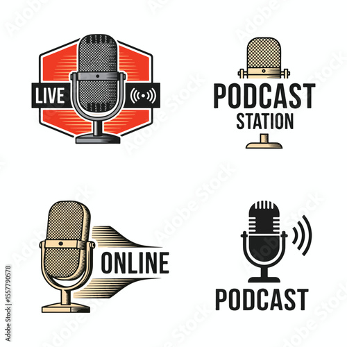 Set of podcast station logos featuring microphones live online concepts