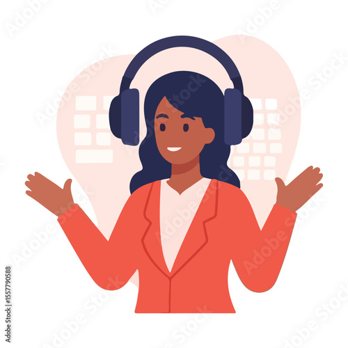 Smiling businesswoman wearing headset giving a presentation or attending video conference call