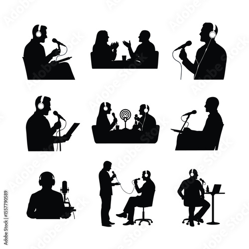 Silhouettes of people recording podcasts hosting interviews and speaking into microphones