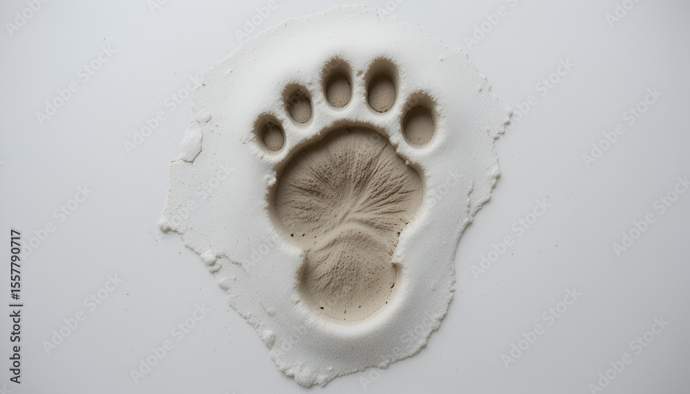 Fototapeta premium A bear's paw print made with plaster of Paris, showing detailed texture and unique pattern against a light backdrop.