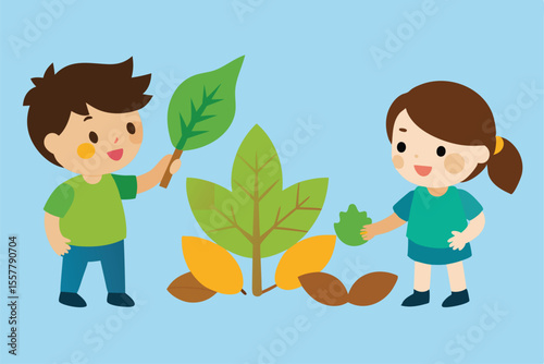 Smiling cartoon children plant and water a tree with apples in a fun garden illustration