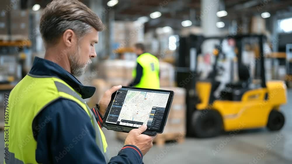 Logistics manager reviewing tablet with D route optimization data overlay, background filled with forklifts and stacked pallets in warehouse, combining tech and operations.