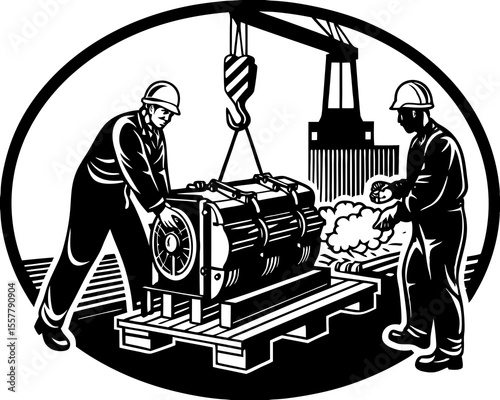 Black and white illustration of construction workers using a crane to move heavy machinery in an industrial setting