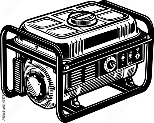 Black and white illustration of a portable generator depicting a power supply engine suitable for emergencies and other applications.